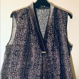 T Tahari Gray Velvet Trim Snakeskin Print Top